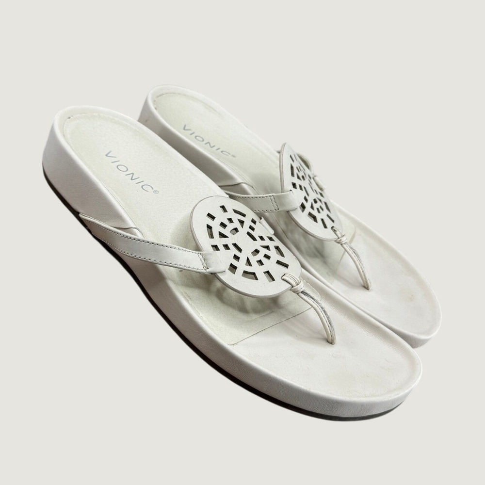 Vionic Solari Platform Thong Sandals 10‎ White Leather Orthotic Coastal Chic
